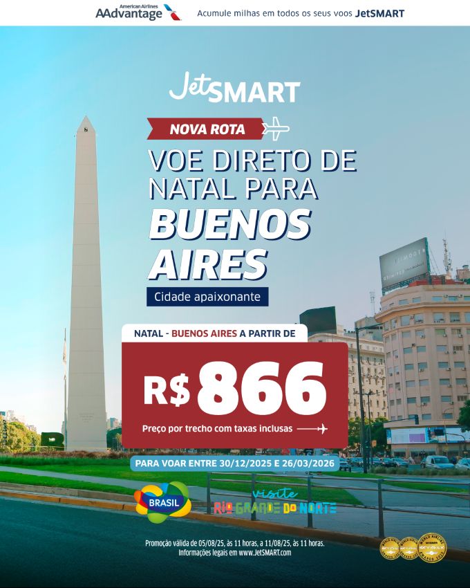 Ano Novo na Argentina? JetSMART expande sua operação no Nordeste do Brasil com nova rota entre Natal e Buenos Aires