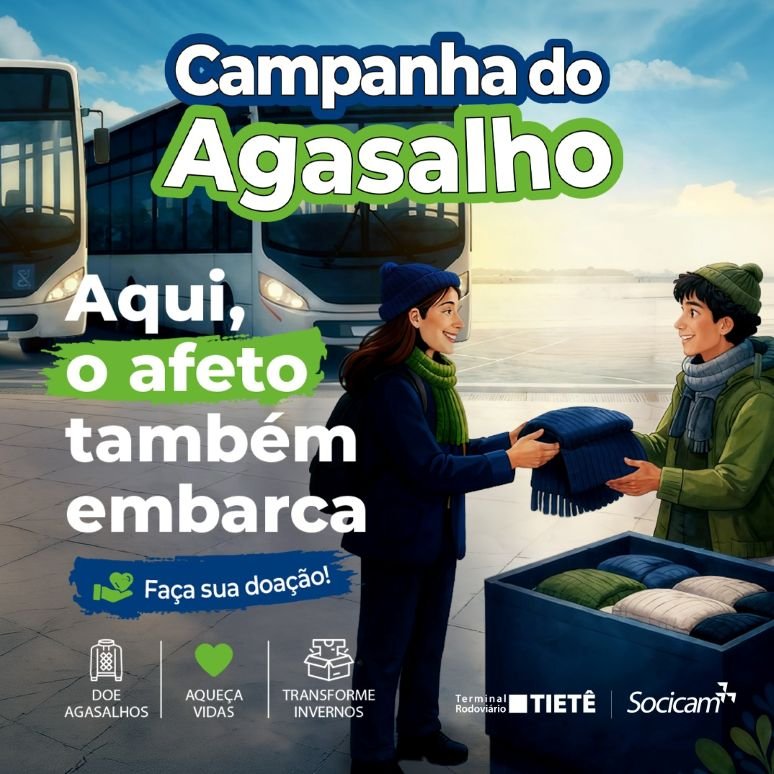 Até 26 de junho, terminais de ônibus recebem doações para a Campanha do Agasalho 2026