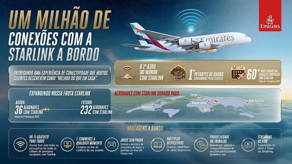 Emirates atinge um milhão de conexões de Wi-Fi via Starlink em voos